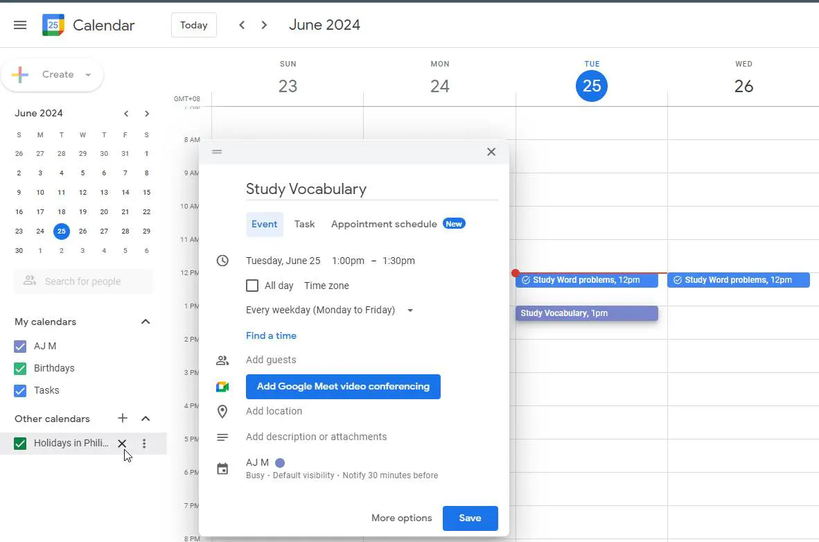 Plan your study session using Google Calendar
